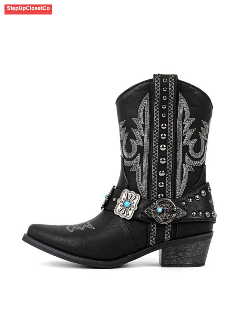 Cowgirl Western Boots Ankle High Embroidery Pointed Toe Stacked Heel Women's